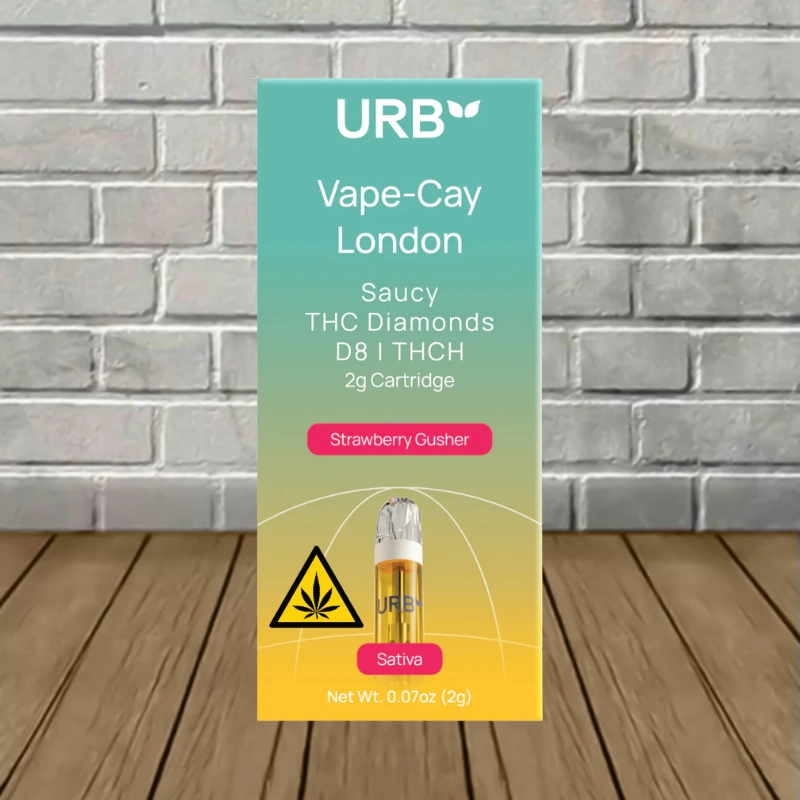 URB Vape-Cay London Saucy D8 THCh Diamond Cartridge 2g - Strawberry Gushers -- Sativa