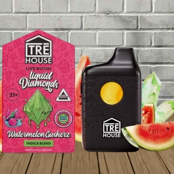 Tre House Live Rosin Liquid Diamonds Disposable Vape 3.5g Watermelon Gushers (Indica) Tre House Live Rosin Liquid Diamonds Disposable Vape 3.5g Watermelon Gushers (Indica)