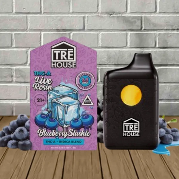 Tre House Live Rosin THCa Disposable Vape 3.5g Blueberry Slushie (Indica) Tre House Live Rosin THCa Disposable Vape 3.5g Blueberry Slushie (Indica)