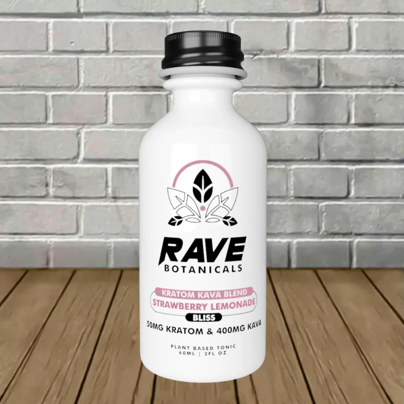 Rave Botanicals Kratom + Kava Blend Liquid Extract Shot 2oz Strawberry Lemonade