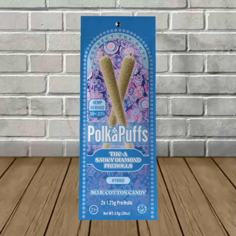 PolkaPuffs THC-A Saucy Diamond Prerolls - Blue Cotton Candy -- Hybrid PolkaPuffs THC-A Saucy Diamond Prerolls - Blue Cotton Candy -- Hybrid