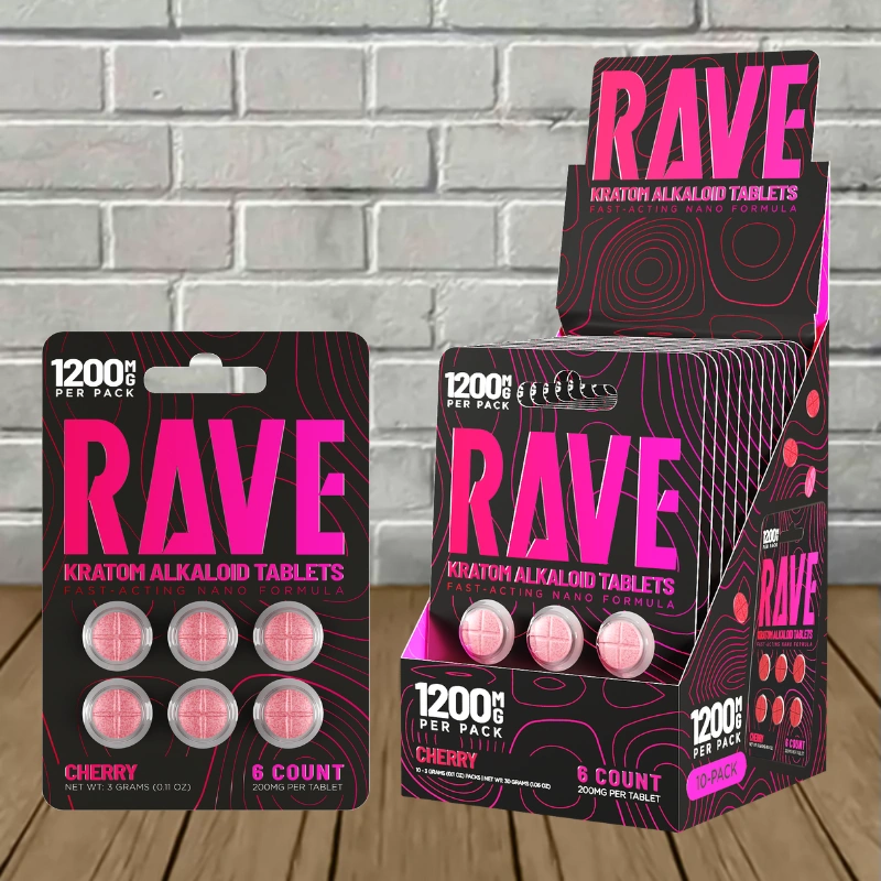 Rave Fast-Acting Nano Kratom Tablets 1200mg - Cherry -- 6ct x 10 = 60 Tablets BULK CASE
