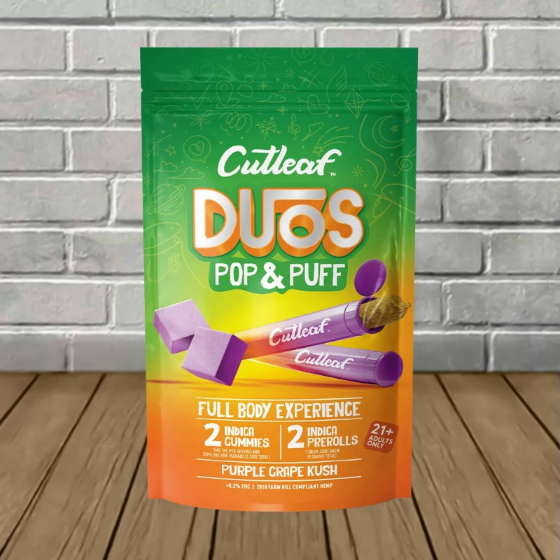 CutLeaf Duos Pop & Puff 2 Gummies (20mg) + 2 Prerolls (2g) - Purple Grape Kush -- Indica