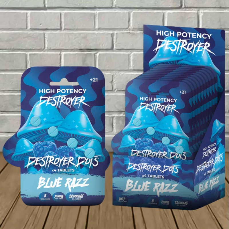 Destroyer Dots High-Potency Mushroom Tablets 12000mg - Blue Razz -- 4ct X 10 = 40 Tablets BULK CASE