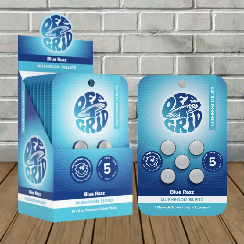 Off Grid High-Potency Mushroom Blend Tablets 5ct-Blue Razz -- 5ct x 10 = 50 Tablets BULK CASE
