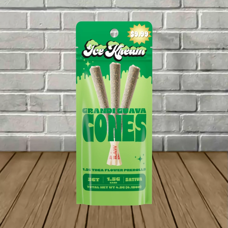 Ice Kream THCa Cones Prerolls 4.5g-Grandii Guava -- Sativa -- 3ct Preroll Pack