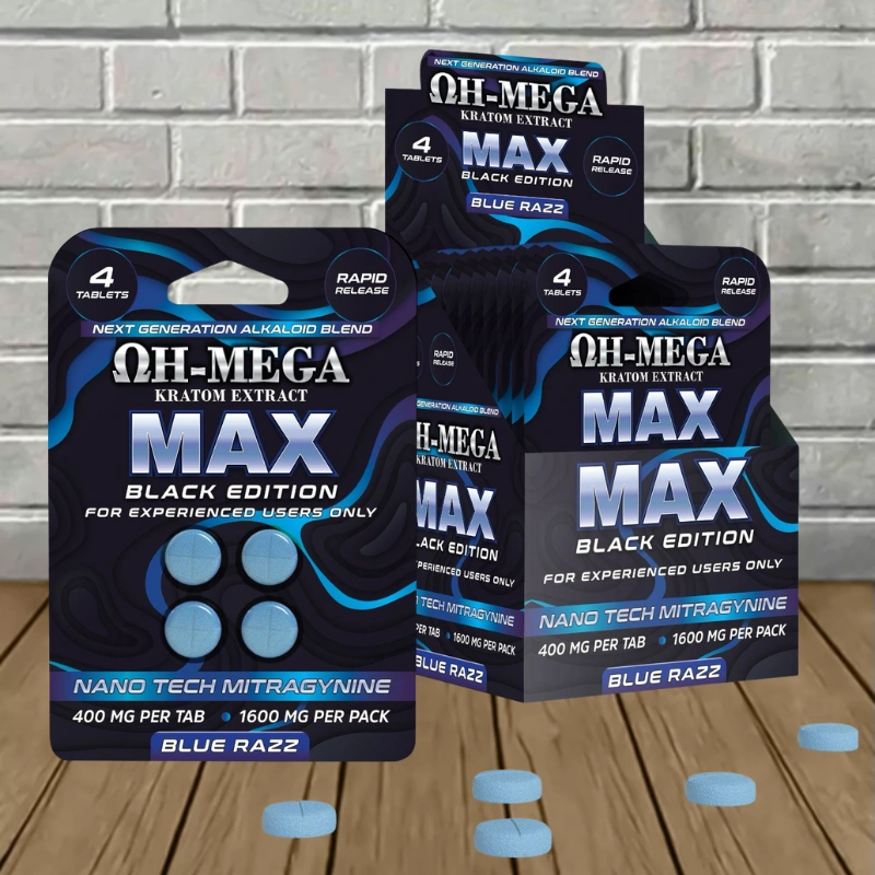 OH-MEGA MAX-NANO-MIT Kratom Extract Tablets 1600mg-Blue Razz -- 4ct x 10 = 40 Tablets BULK CASE